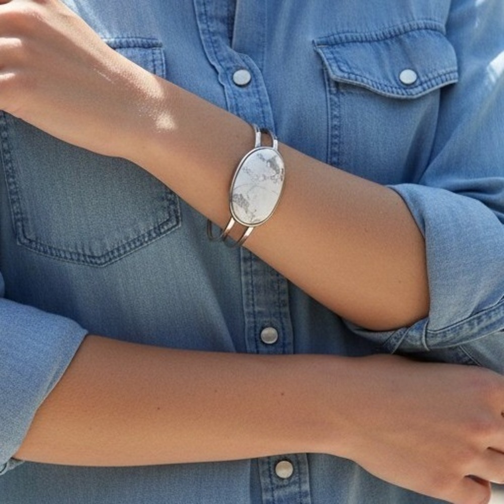 White Howlite Cuff Bracelet Womens OS Silver Toned Boho Statement